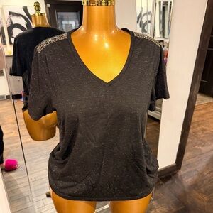 University Club Black Glitter V-Neck Tee Aztec Beaded Shoulder
